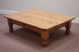 Rectangular waxed pine coffee table with single drawer, 126cm x 91cm,
