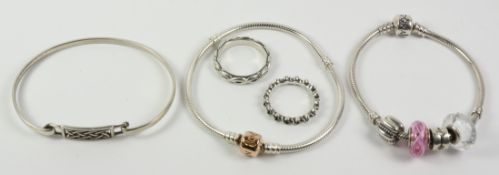 Two Pandora charm braclets and two rings all stamped S925 ALE and Mackintosh style bangle stamped