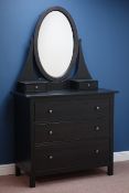 Dark wood three drawer dressing chest with oval mirror and two trinket drawers, W110cm, H191cm,
