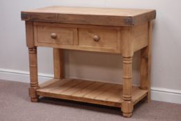 Waxed pine two drawer dresser base, with 'butchers block' top, W108cm, H85cm,