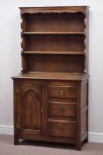 Medium oak three drawer dresser with panelled cupboard and two heights plate rack, W90cm, H172cm,