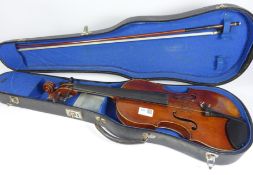 19th/ early 20th Century violin one piece figured back with rose gold coloured capped pegs, LOB 35.