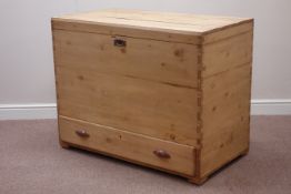 19th century large waxed pine mule chest, W110cm, H87cm,