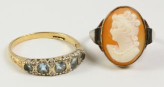 Cameo ring stamped 9ct and a hallmarked 9ct gold ring set with pale blue stones Condition