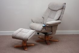 Swivel reclining armchair with electric back massager upholstered in beige fabric,