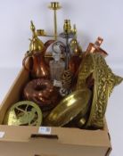 Victorian copper jelly mould, two Eastern copper coffee pots, gilt metal stand,
