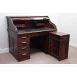 Early 20th century oak tambour roll twin pedestal desk, right hand pedestal with pull out storage,