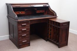 Early 20th century oak tambour roll twin pedestal desk, right hand pedestal with pull out storage,