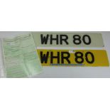 Cherished registration plate 'WHR 80' presently held on retention,