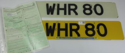 Cherished registration plate 'WHR 80' presently held on retention,