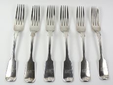 Set of six early Victorian silver fiddle pattern dinner forks by William Rawlings Sobey Exeter 1846