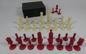 19th/ early 20th Century small bone chess set, three additional pieces and small leather case,