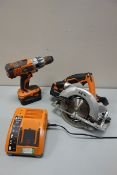 AEG BSB 18 cordless drill and a AEG BKS 18 cordless circular saw with battery charger and case