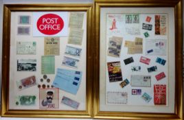 Post Office and Transport and Banking memorabilia in two frames 86cm x 61cm (2) Condition