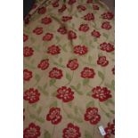 Pair lined curtains, gold with red and green floral decoration, W210cm,