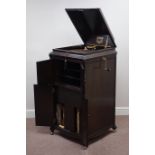 1930s 'His Masters Voice' oak cased gramophone, with gold plated needle, W62cm, H123cm,