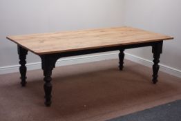 Large farmhouse style dining table with reclaimed oak plank top on Victorian painted turned base,