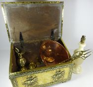 Brass slipper box, fire irons, copper tray,