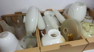 Two light fittings and a collection of Vintage and other shades in three boxes Condition