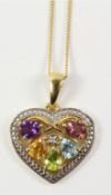Heart shaped pendant and matching ring set with amethyst, garnet, citrine,