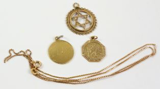 Two gold pendants and a box chain necklace all hallmarked 9ct approx 9.