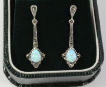 Pair of opal and marcasite pendant ear-rings stamped 925 Condition Report <a