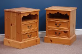 Pair polished pine two drawer bedside chests, W49cm, H63cm,