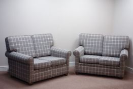 Pair Peter Silk of Helmsley two seat sofas upholstered Abraham Moon check fabric with covers,