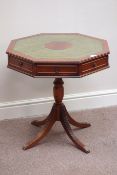 Reproduction mahogany octagonal pedestal occasional table, four drawers, leather inset top, D64cm,