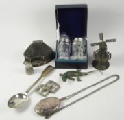Hallmarked silver locket on chain necklace, spoon and thimble; stone set lizard brooch stamped 925,