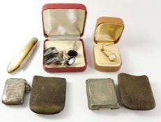 Silver and mother of pearl fruit knife, vesta, and pair of bloodstone cufflinks all hallmarked,