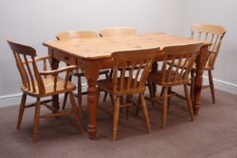 Polished pine rectangular dining table with drawer and set six (4+2) farmhouse style dining chairs,