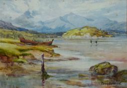 Estuary Scene with Figures and Boat Wreck, watercolour by Walter E Whitnall (British fl.