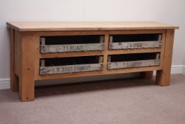 Rustic waxed pine lowline bakers rack, fitted with four vintage trays, W202cm, H78cm,