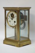 Mid 19th century brass and bevel glazed mantel clock, French twin train movement chiming on coil,