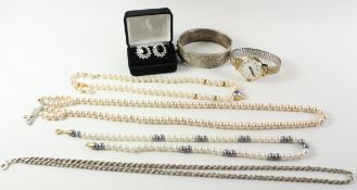 Rope twist necklace and hinged bracelet both hallmarked silver, simulated pearl necklaces,