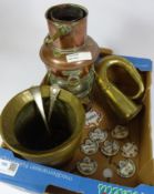 Copper ships lamp, brass car horn, solid brass jug,
