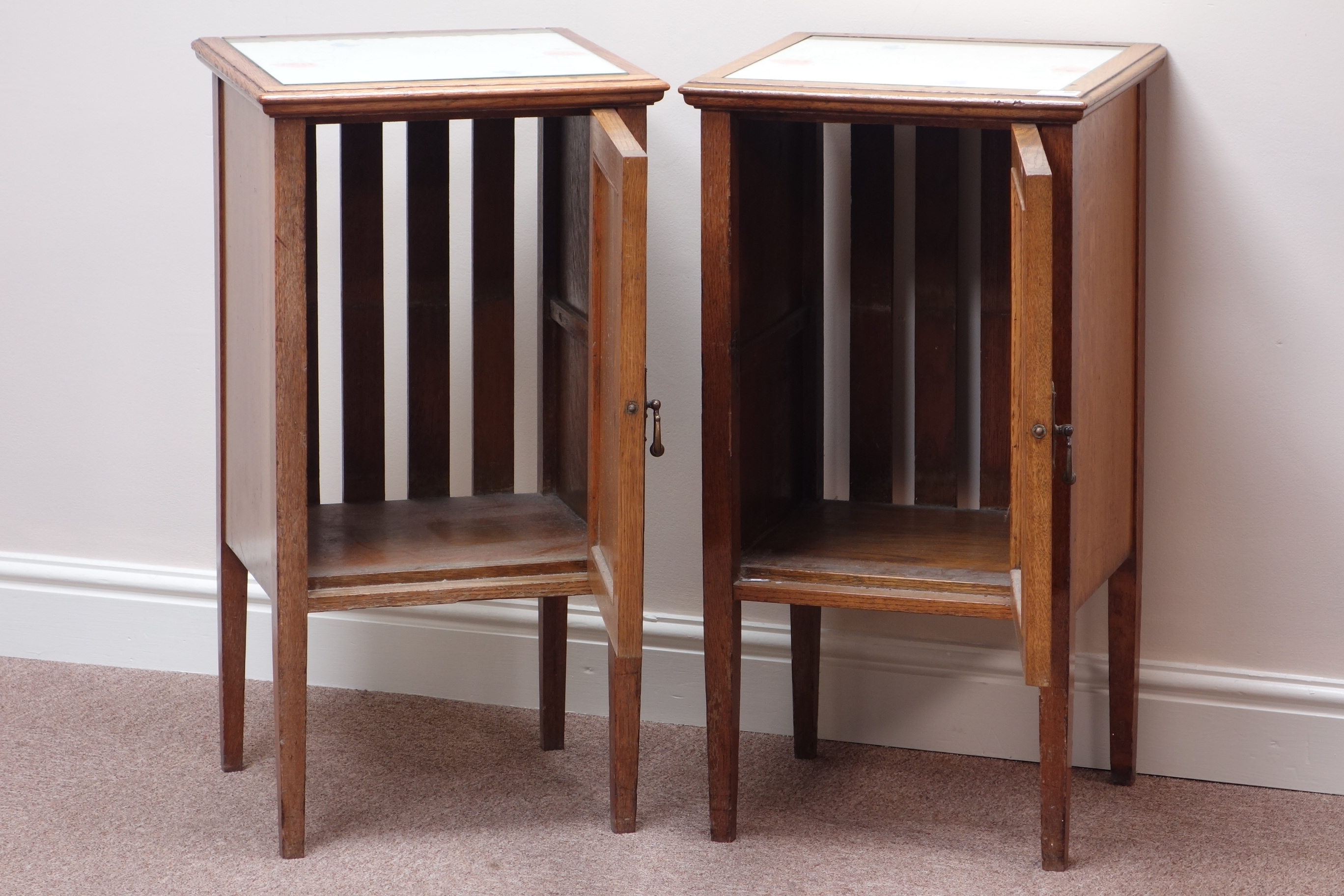 Pair Edwardian oak bedside cabinets with inset glass tops, W41cm, H77cm, - Image 4 of 4