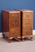 Pair 1920s walnut three drawer pedestal chests, W27cm, H70cm,