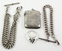 Victorian silver double and single watch chains, a vesta and a silver sapphire set ring approx 3.