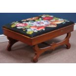 Victorian mahogany hinged box seat upholstered in needlework cover,
