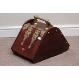 20th century mahogany sloped coal box with hinged lid, brass mounts, with scuttle,