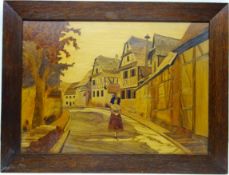 Wood Marquetry picture of Alsac with Figure 44cm x 63cm Condition Report <a