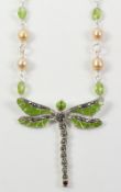 Dragonfly enamel pearl and marcasite necklace stamped 925 Condition Report <a