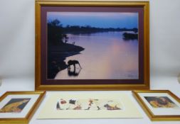 Elephant Drinking from Lake, colour print after Colin Mead 49cm x 66.