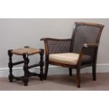 Early 20th century beech framed cane armchair and a bobbin turned and rush seat stool