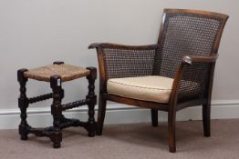 Early 20th century beech framed cane armchair and a bobbin turned and rush seat stool