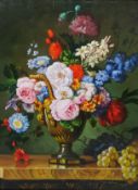 Still Life of Chalice, Flowers and Grapes, oil on canvas signed and dated Carol Entrada '86,