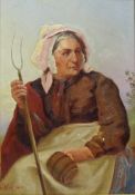 Female Farm Worker, oil on board signed and dated G Hind 1921, 24cm x 16.