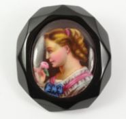 Victorian polished Whitby jet octagonal brooch with hand painted panel Condition Report